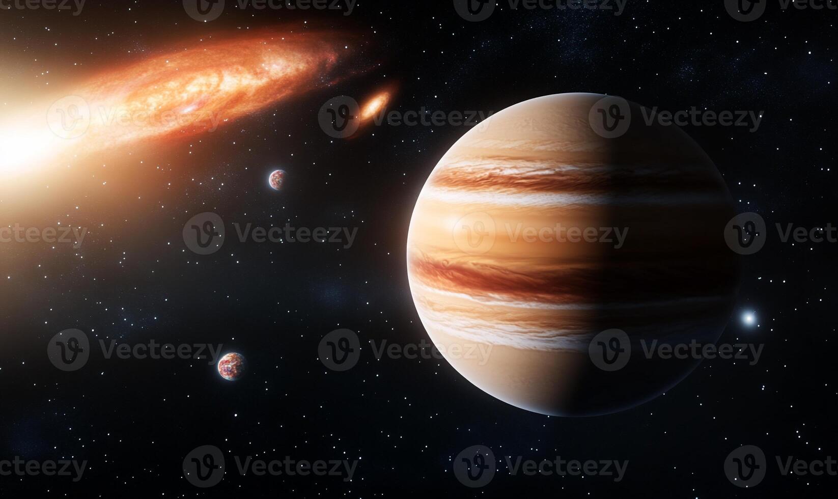An artist's rendering of a planet and its two moons photo