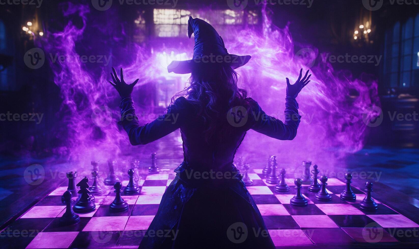 A woman in a witch costume is standing in front of a chess board photo