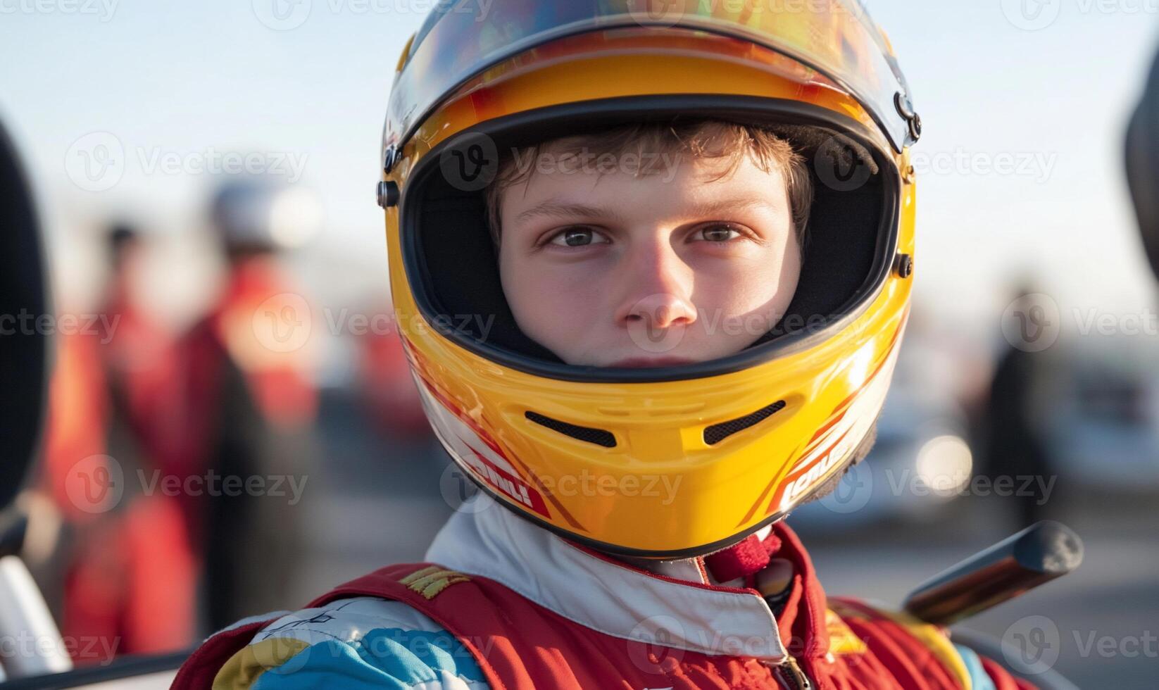 A young boy wearing a helmet in a race car photo