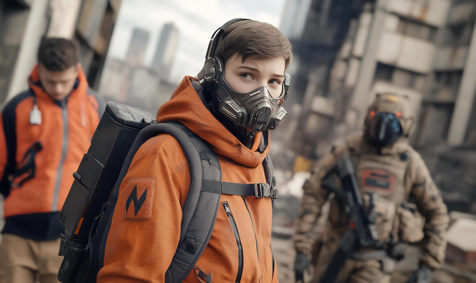 A man in an orange jacket and gas mask is walking through a city photo