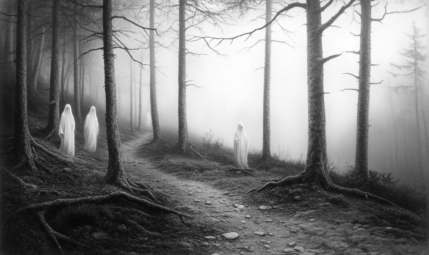 A black and white photo of three ghosts walking in the woods