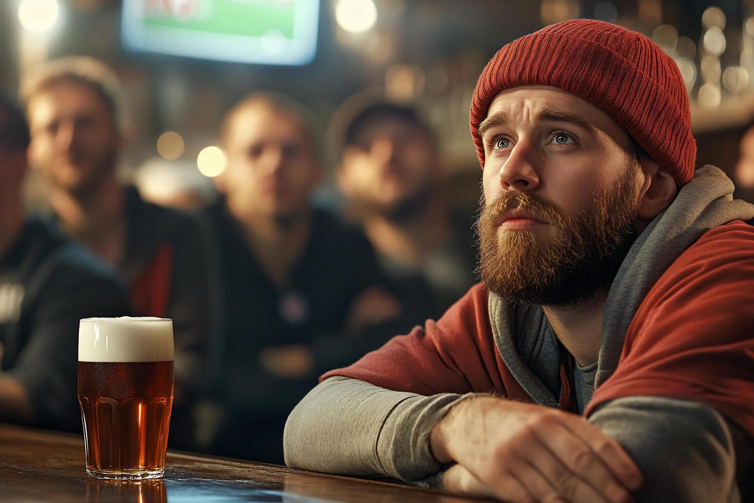 A man with a beard and red hat sitting at a bar with a beer photo