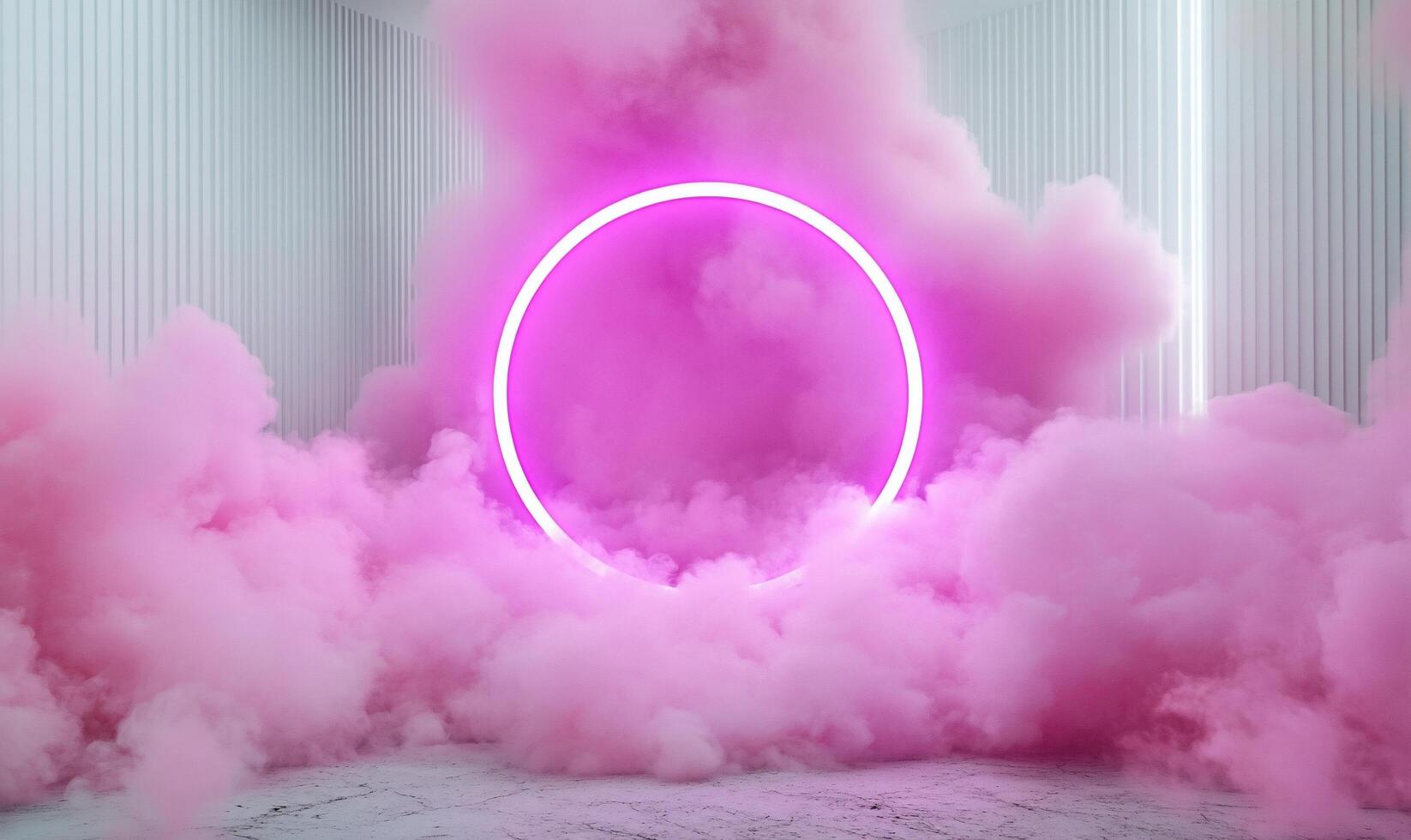 A pink neon circle surrounded by smoke in a room photo