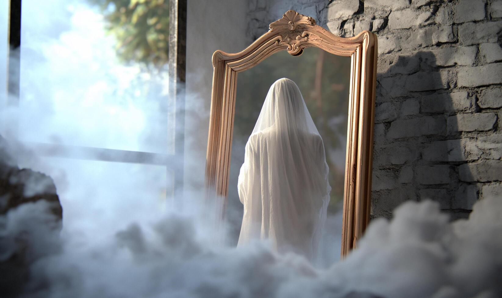 A ghostly figure is reflected in a mirror photo