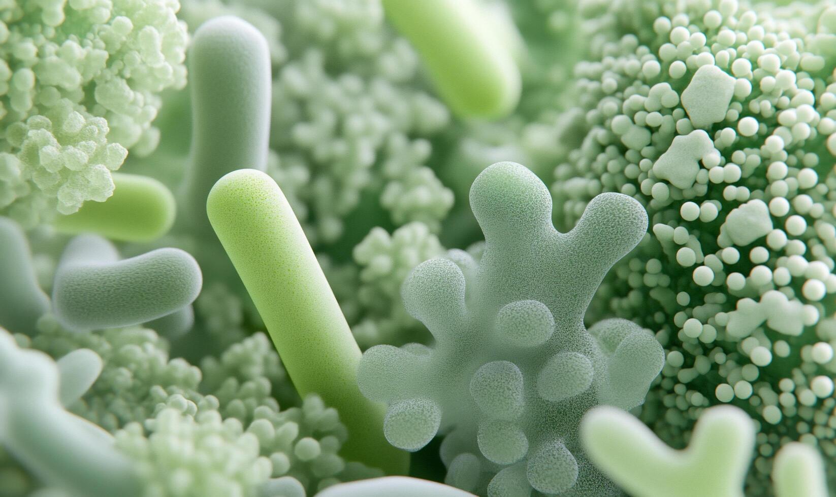 A close up of a green plant with many different types of bacteria photo