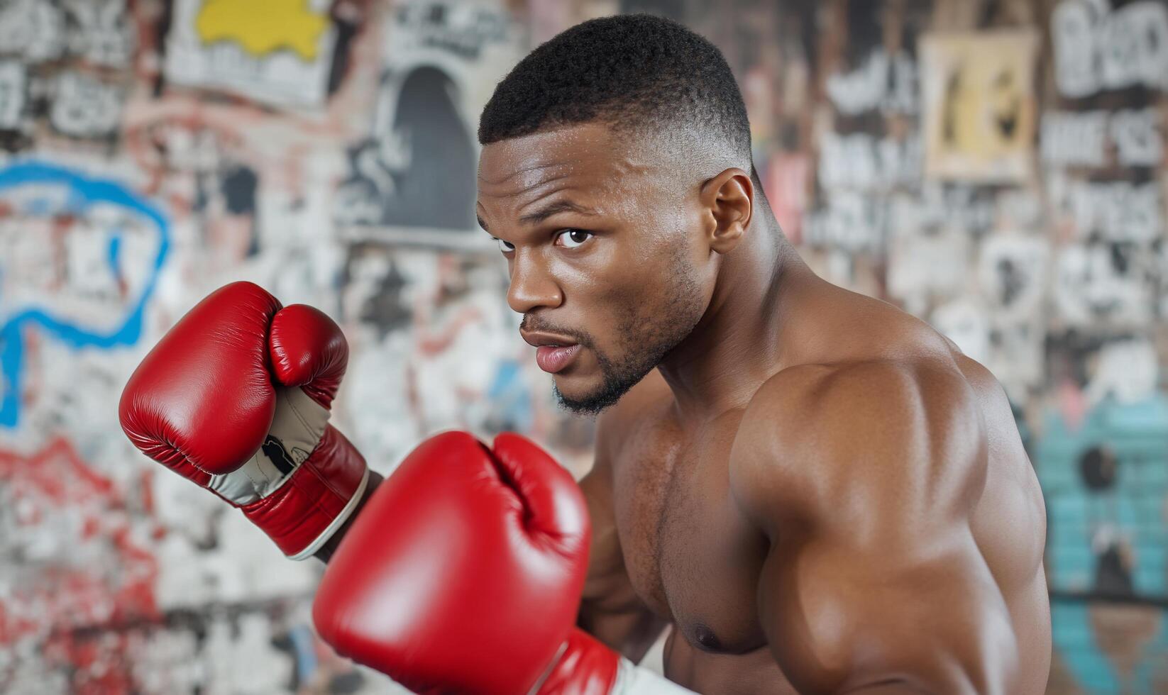 A man in boxing gloves is posing in front of a wall photo