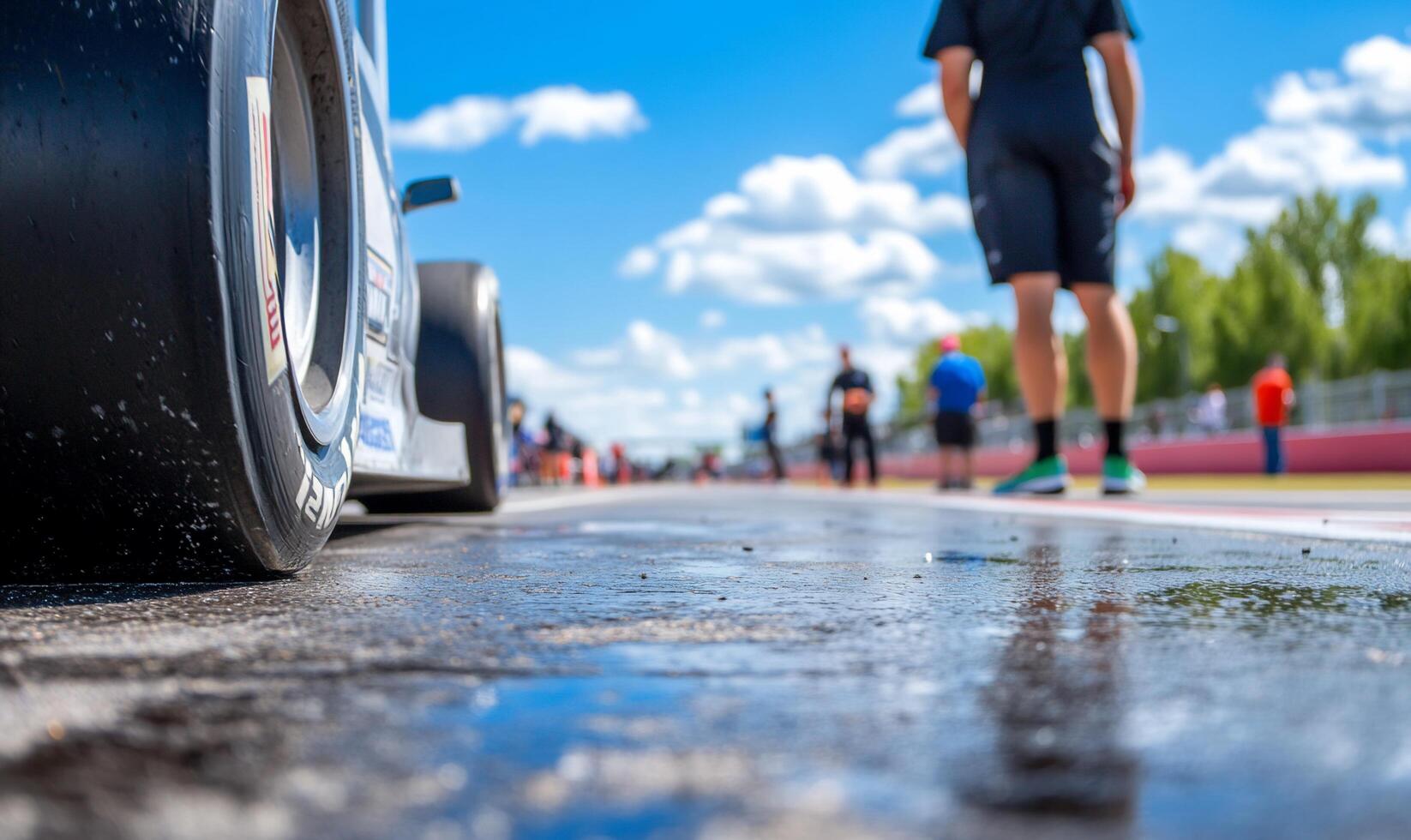 A man is standing next to a race car photo