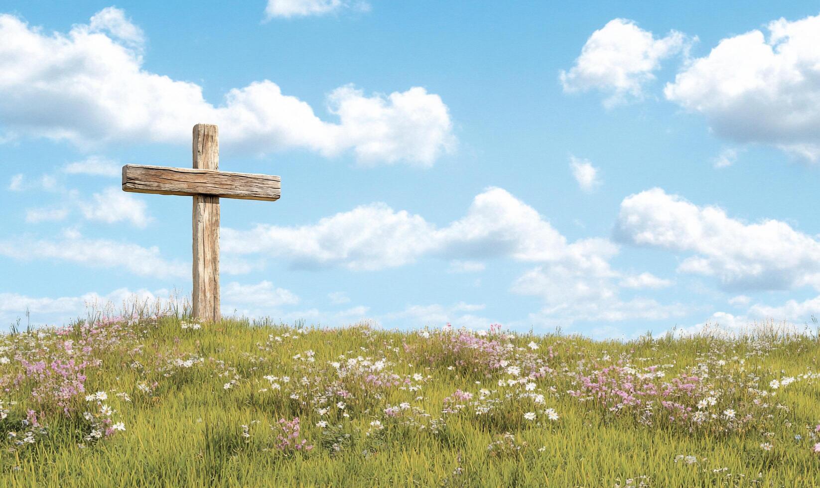 Wooden cross on a hillside with flowers and sky background photo