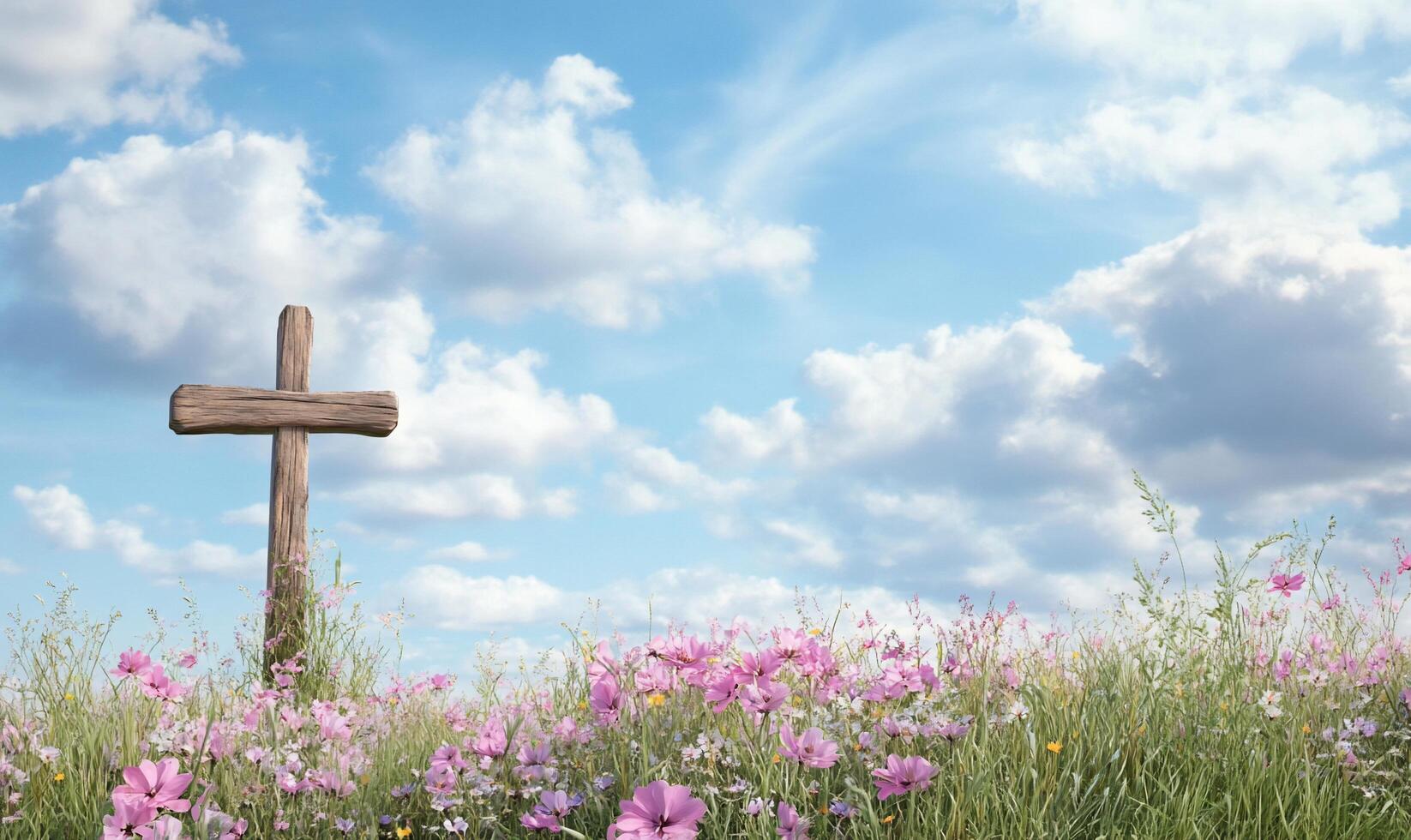 Wooden cross in a field of flowers photo