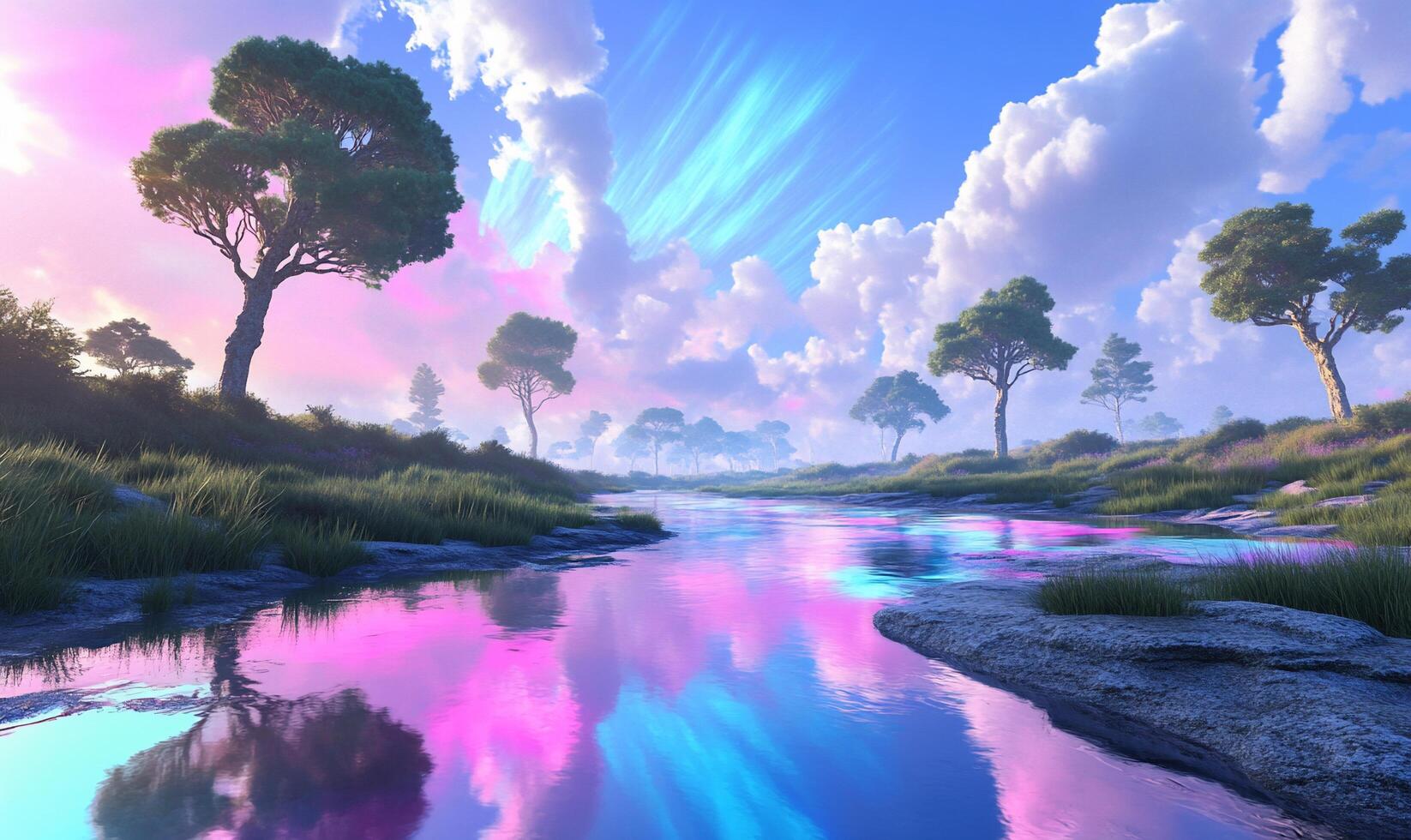 A colorful sky with trees and water photo