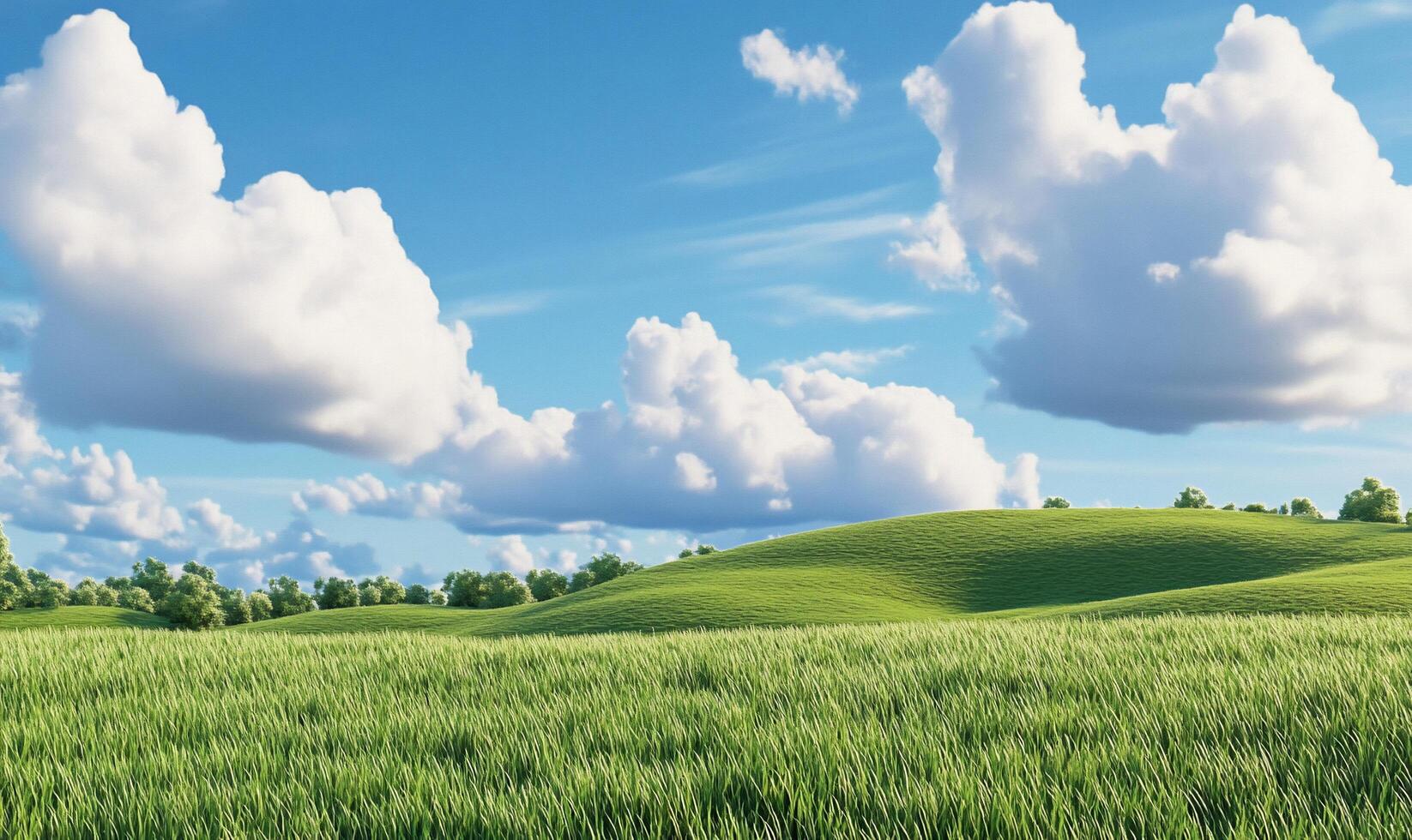 A green field with clouds and trees photo