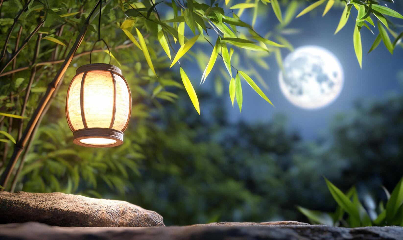 A lantern is lit up in front of bamboo trees photo
