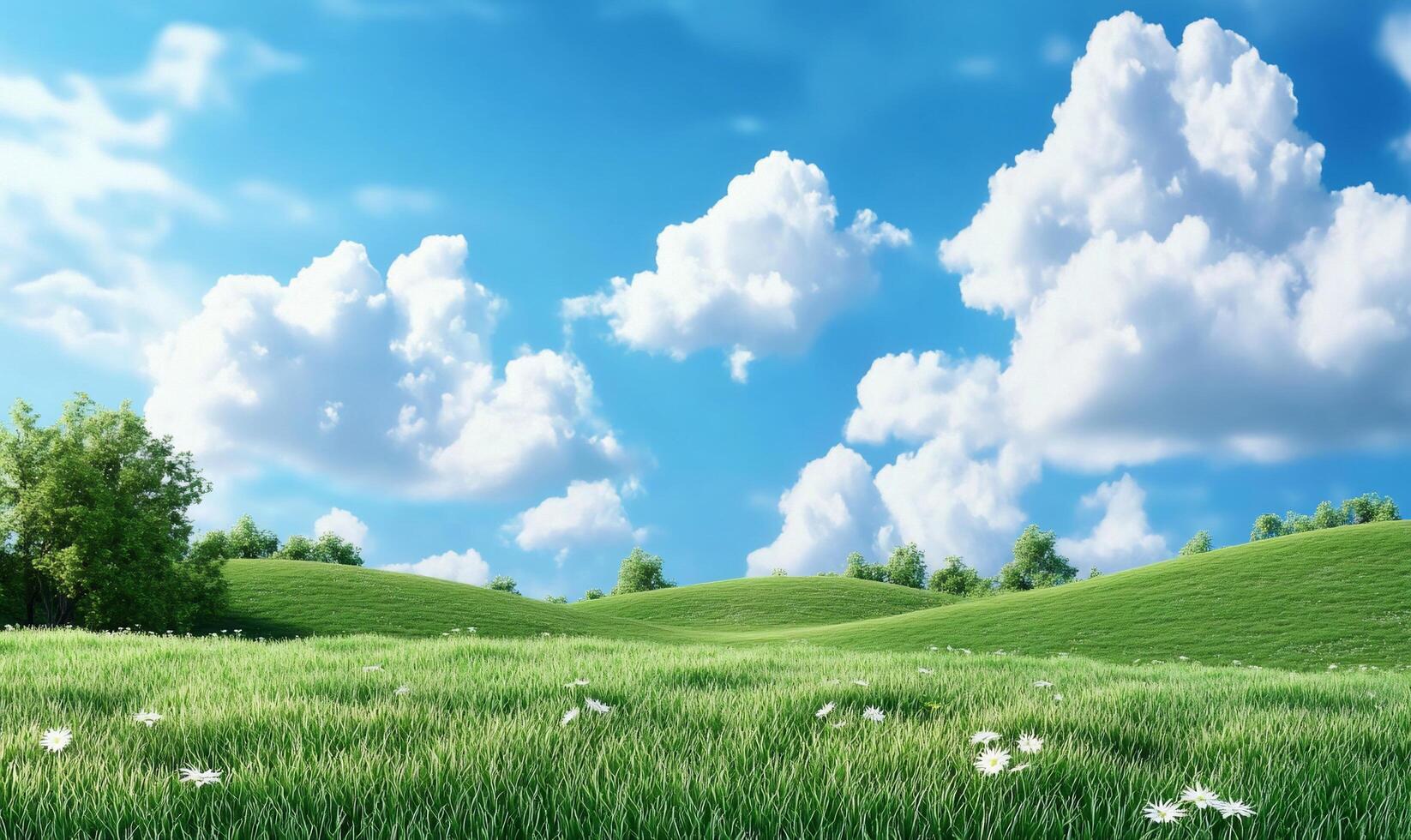 A beautiful green field with trees and clouds photo