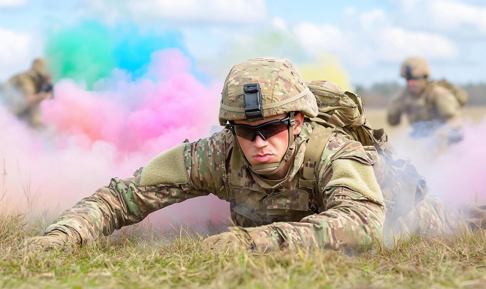 A soldier in camouflage is laying on the ground with colored smoke photo