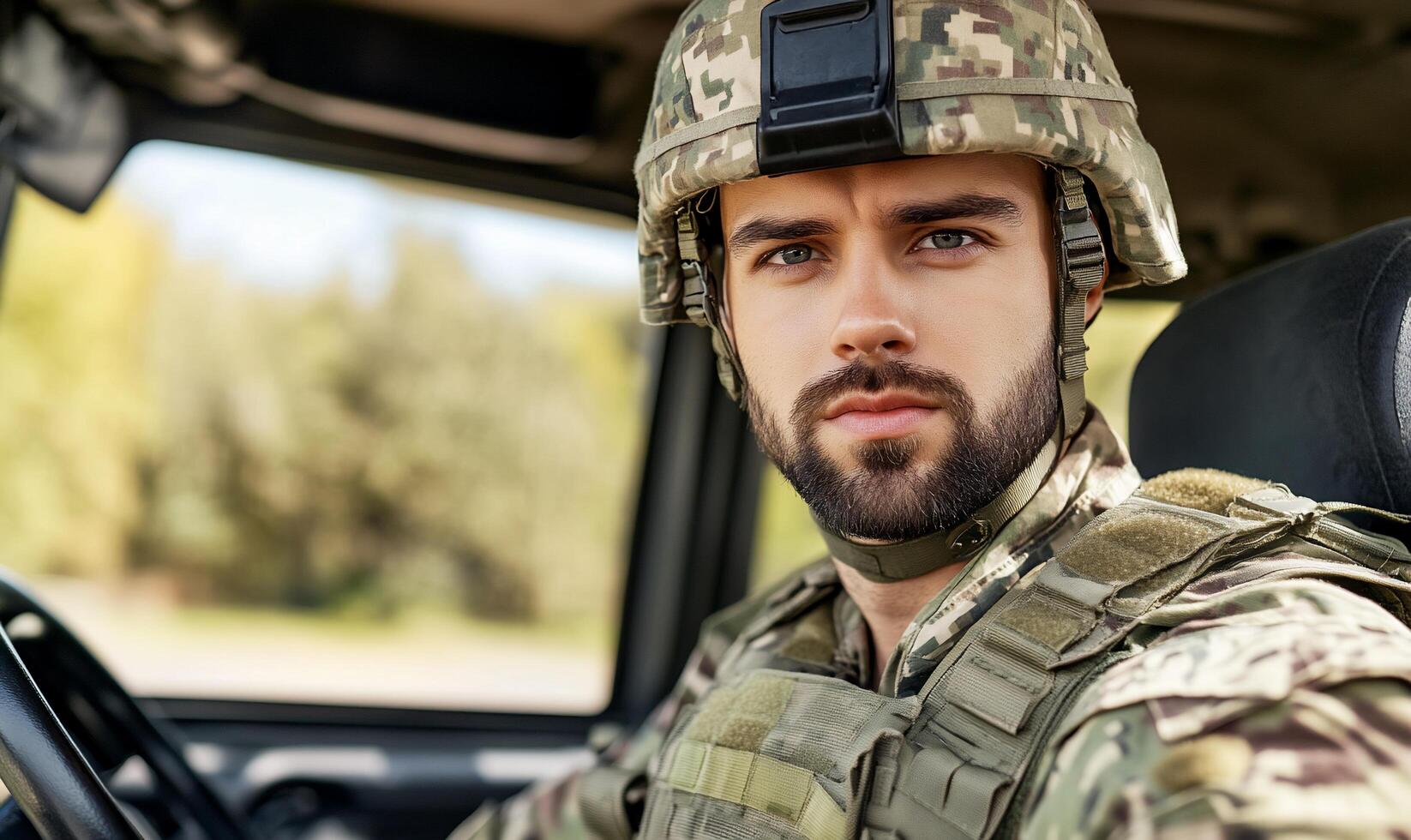 A man in military gear is sitting in the driver's seat of a vehicle photo