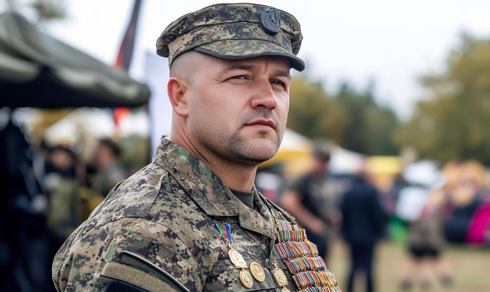 A man in military uniform standing in front of people photo