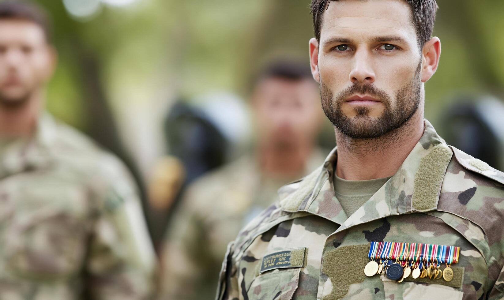 A man in military uniform standing in front of other soldiers photo