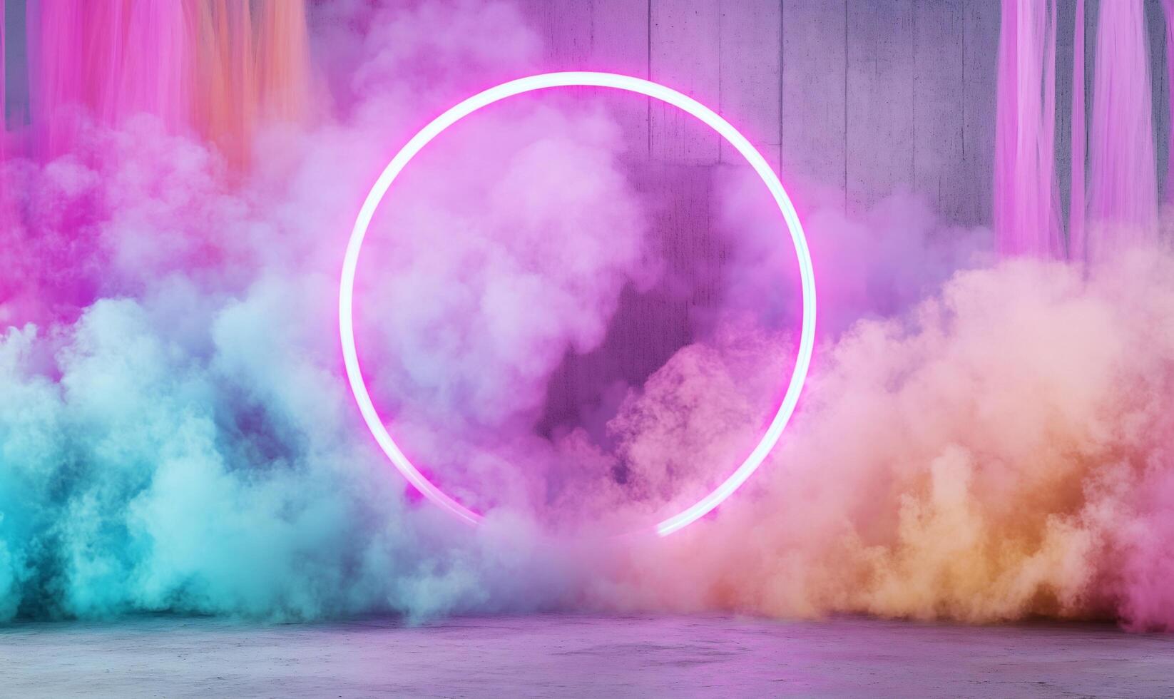 Neon circle in smoke with colorful background photo