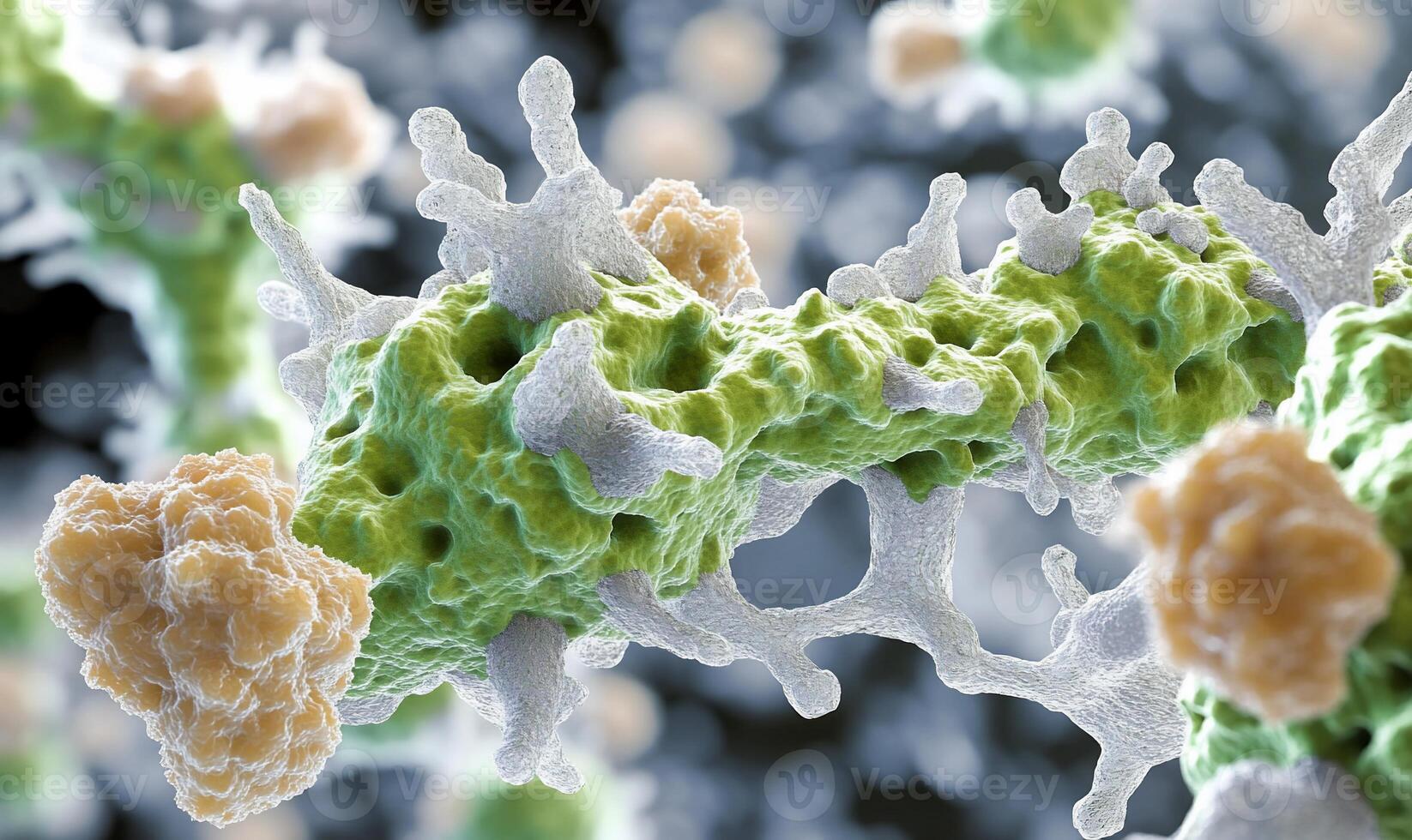 A close up of a cell with a white and green cell photo