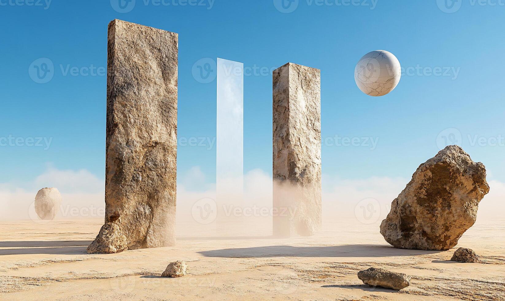A rock formation with a sphere in the middle photo