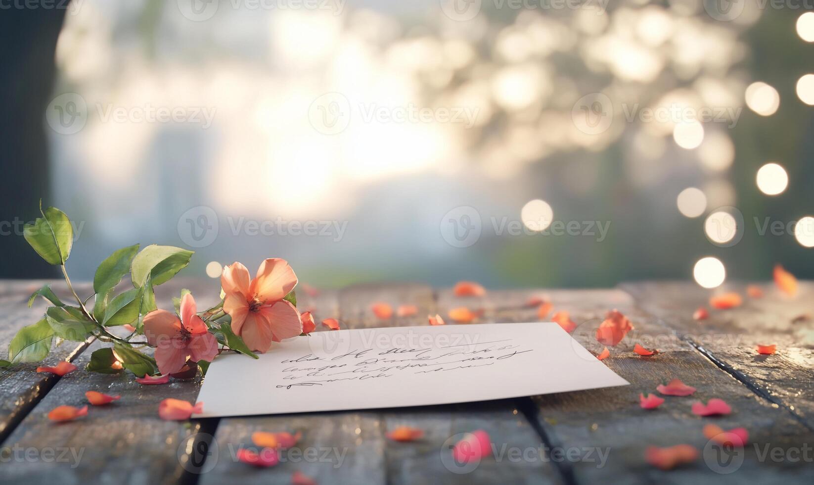 A letter on a wooden table with a flower and a note photo