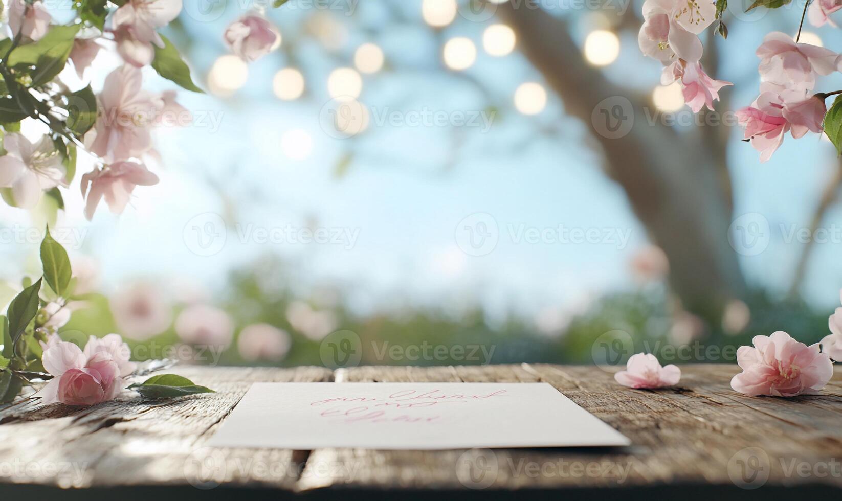 A card with a message on a wooden table under a tree with pink flowers photo