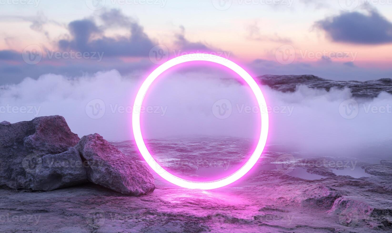 A pink neon ring is sitting on top of a rock photo