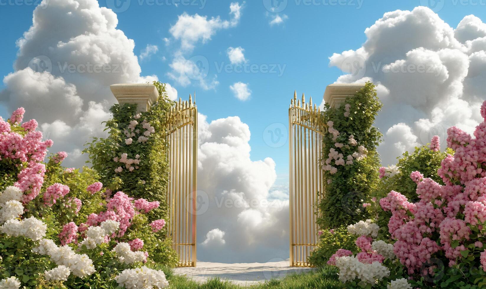 A gate to a garden with flowers and clouds photo