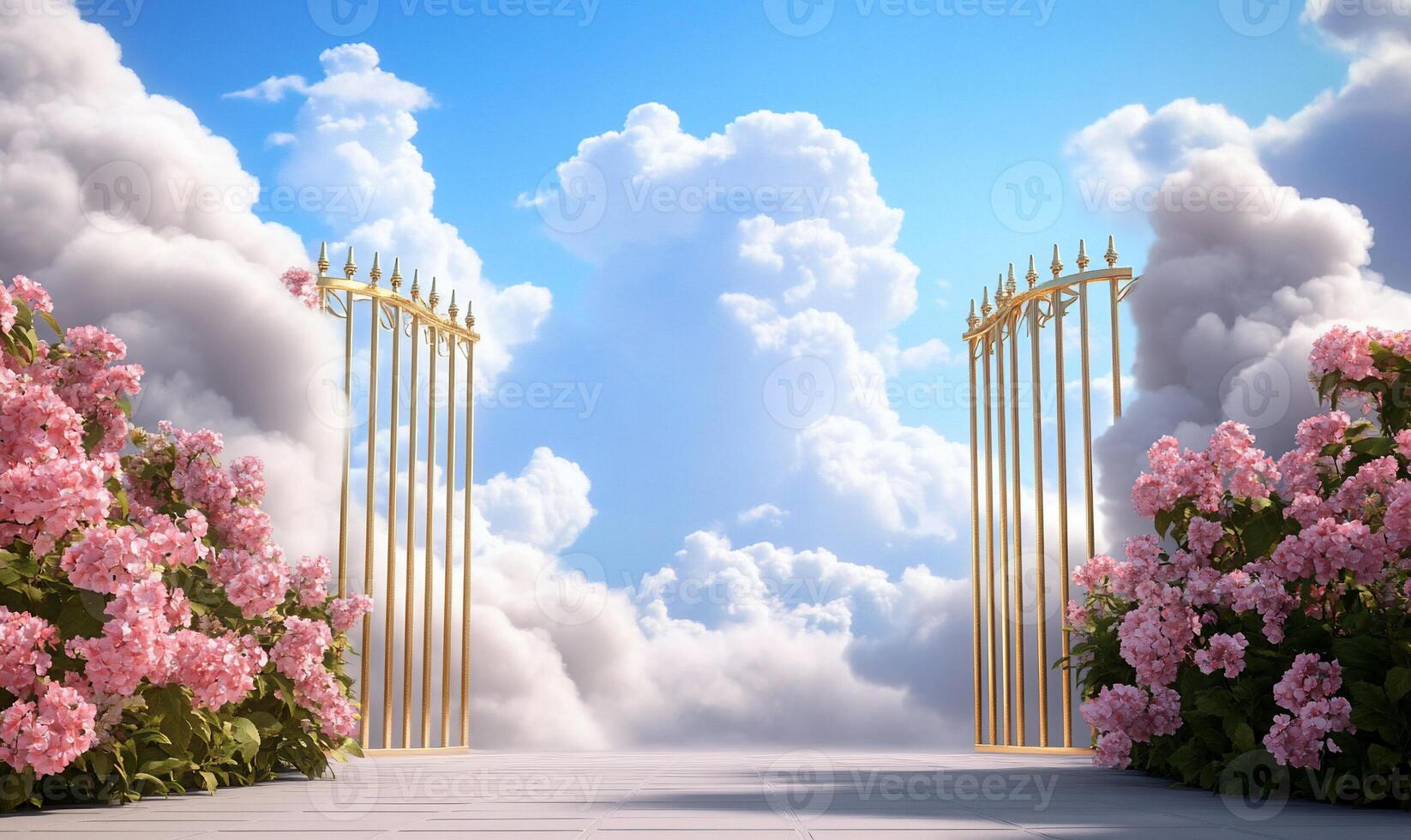 An open gate with flowers and clouds in the background photo