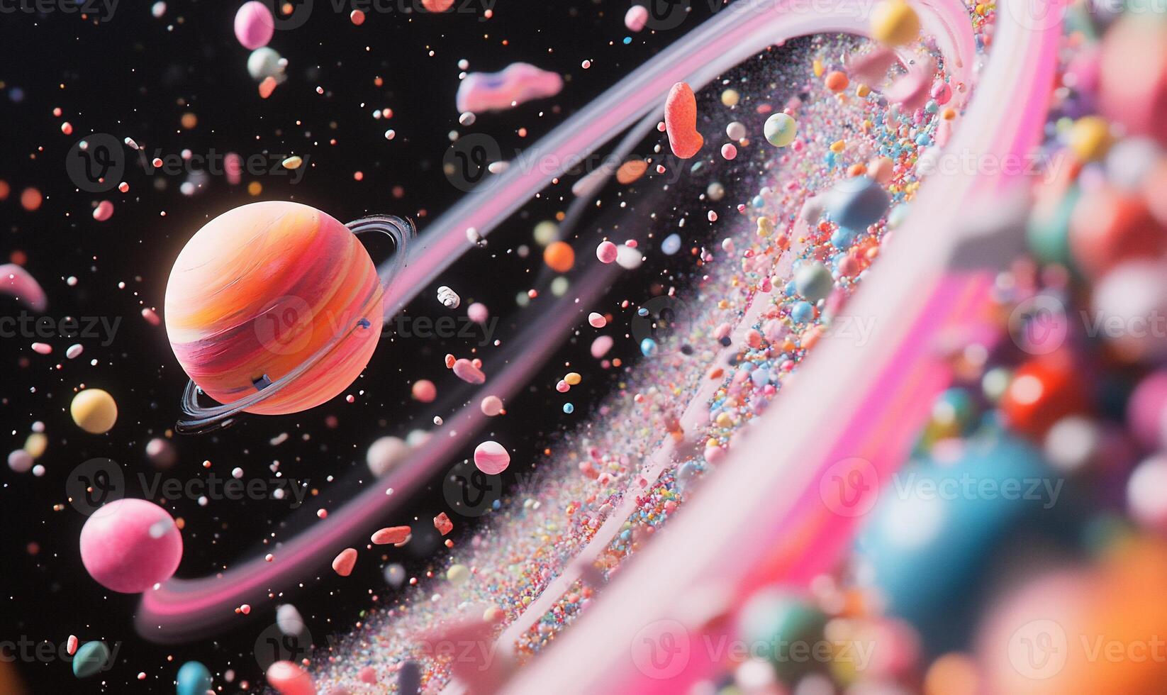 A colorful candy filled space with a planet in the middle photo