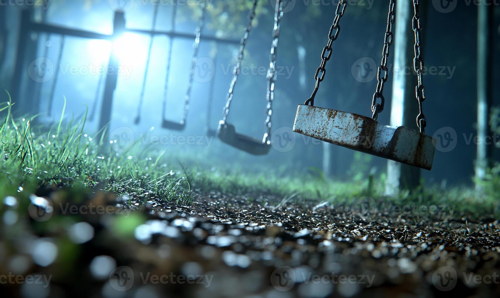 A swing set in the woods with a light shining photo