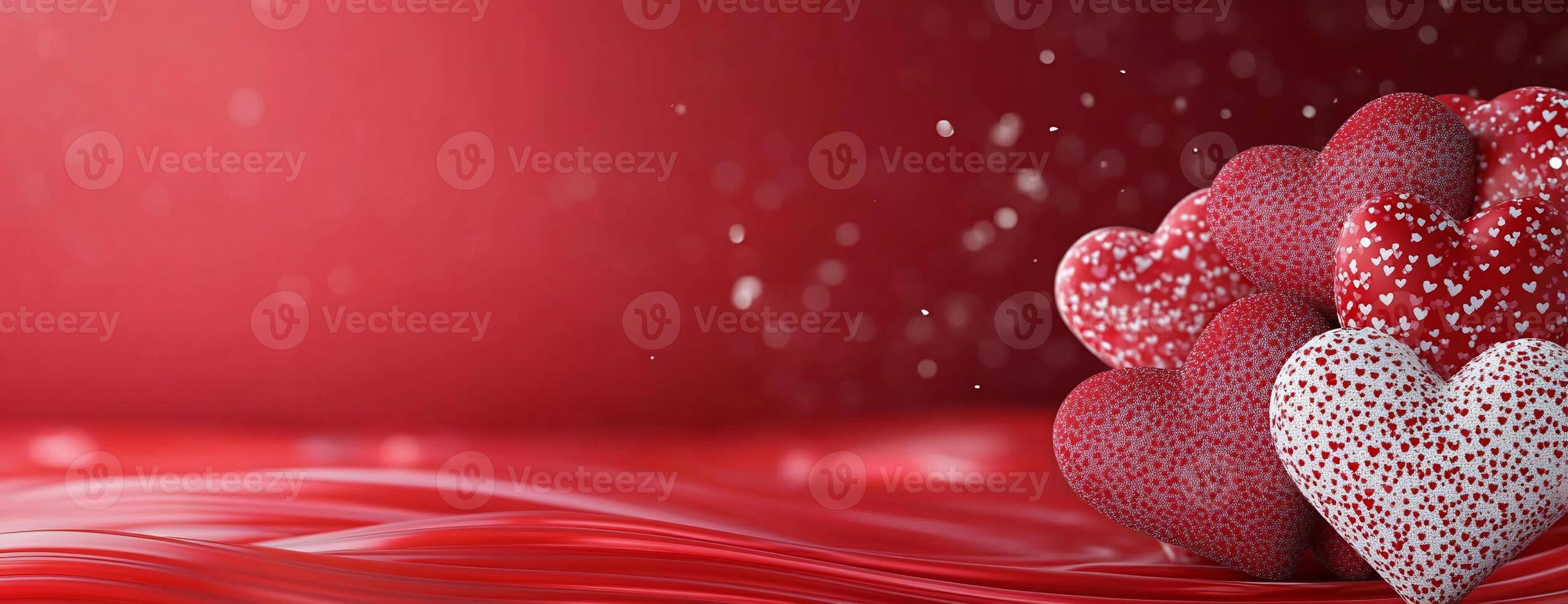 A collection of decorative hearts on a red background, symbolizing love. photo