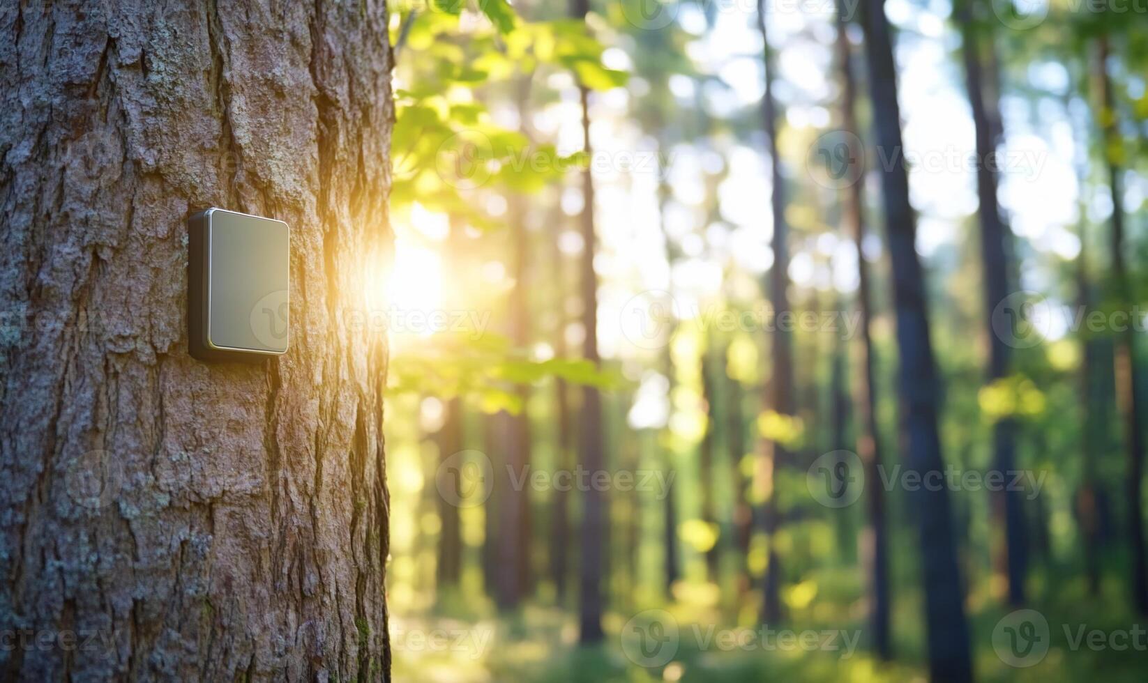 A device mounted on a tree in a sunlit forest setting. photo