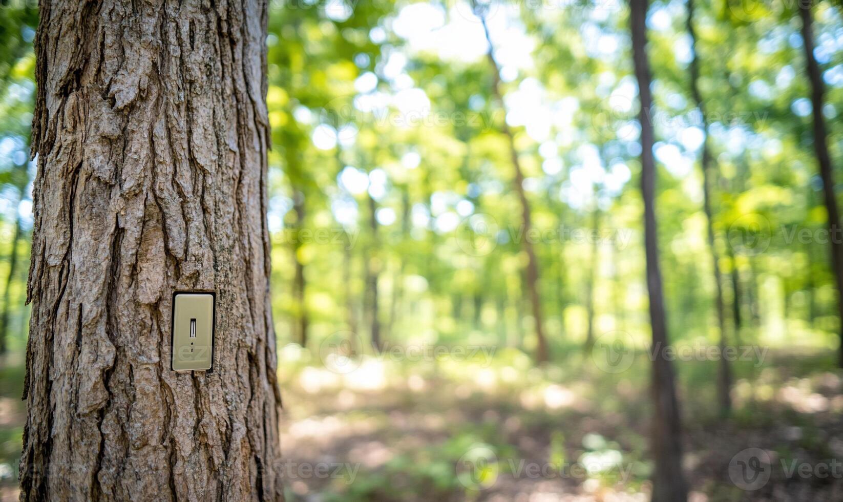 A tree with a switch plate in a sunlit forest setting. photo
