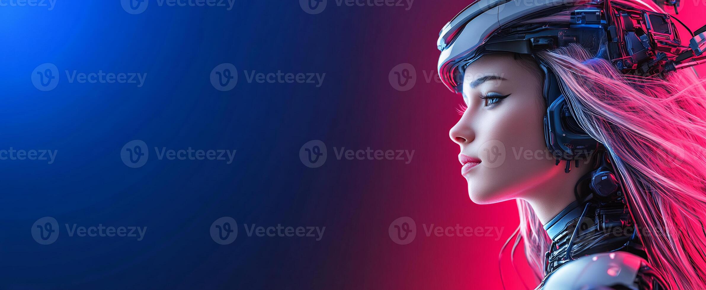 A futuristic female figure in a high-tech environment, showcasing innovation. photo