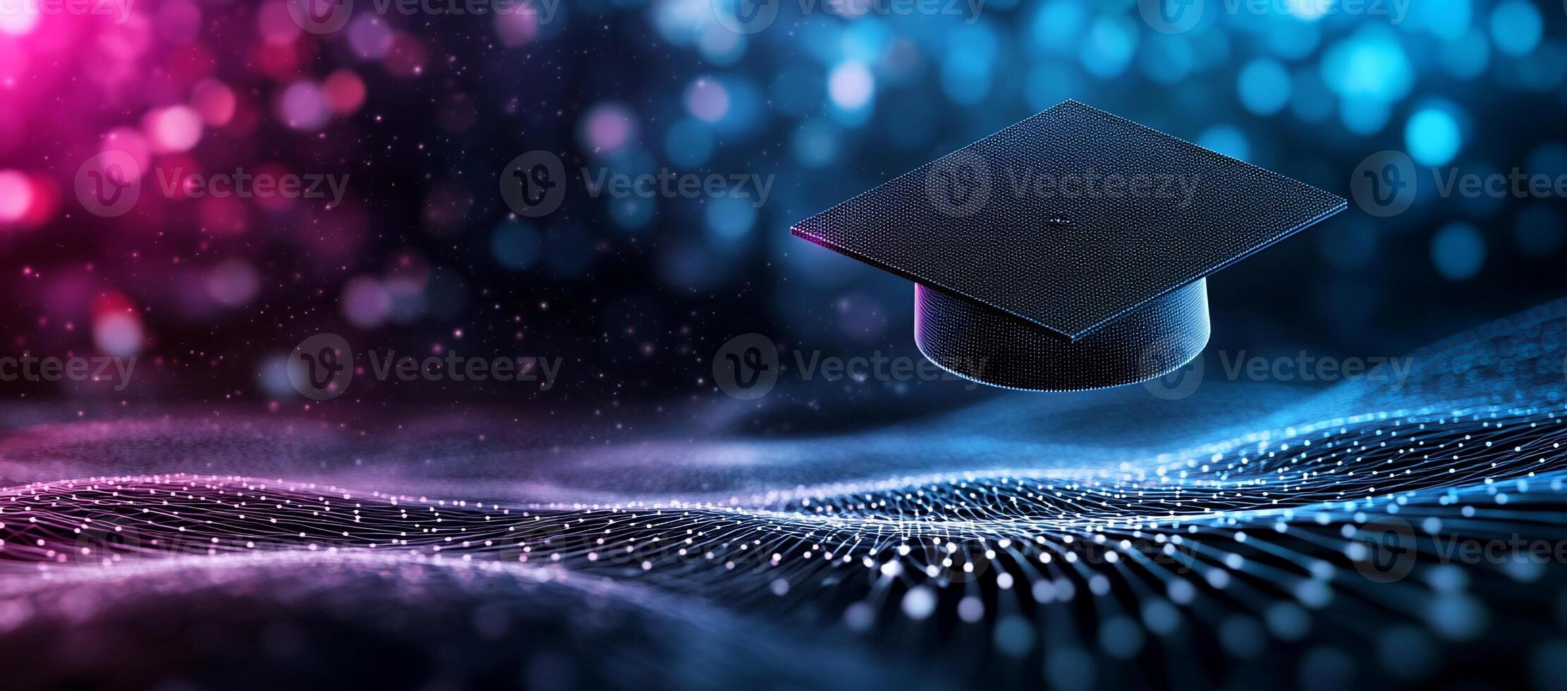 A graduation cap floating in a colorful, digital background. photo