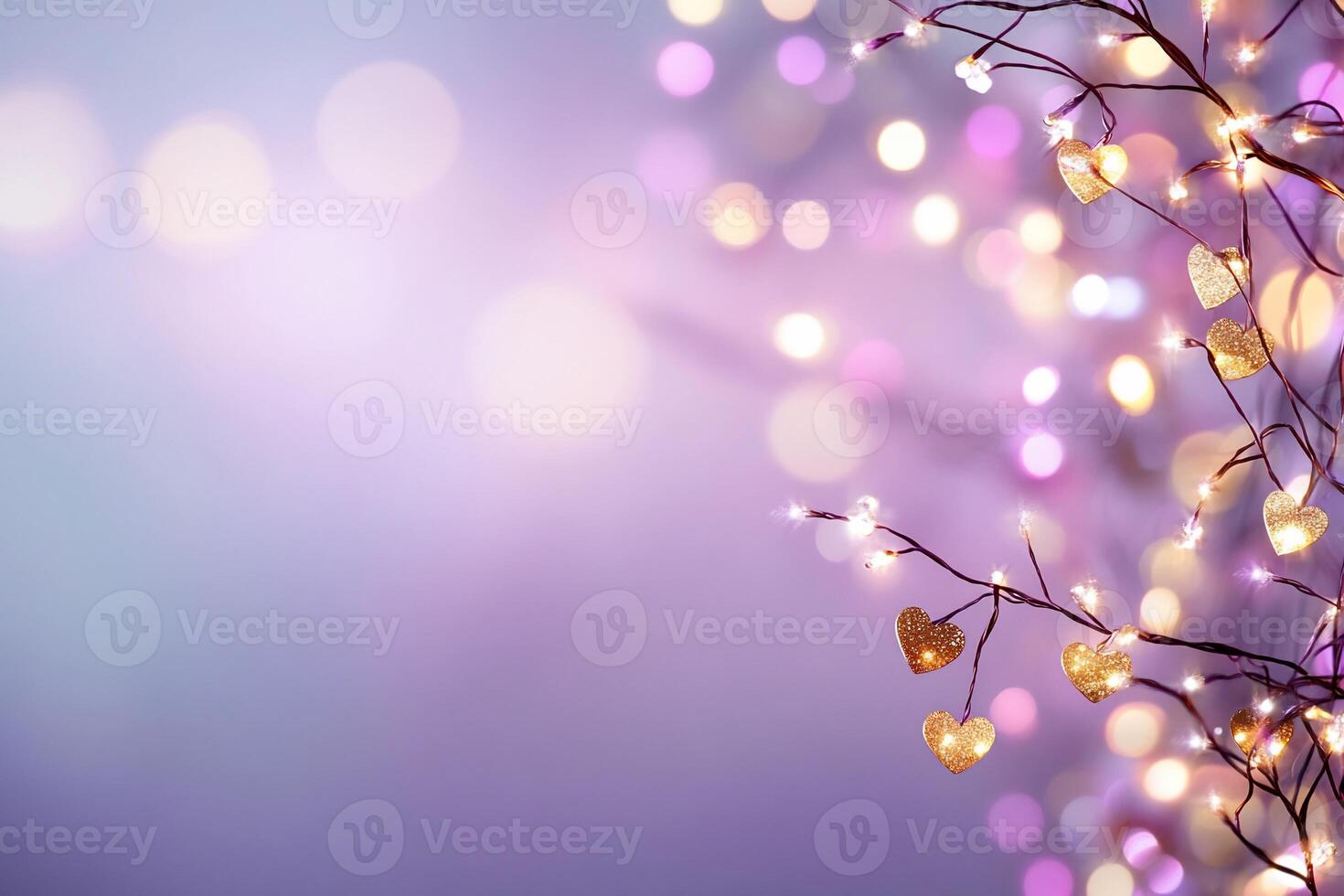 A dreamy background with heart-shaped lights and soft bokeh effects. photo