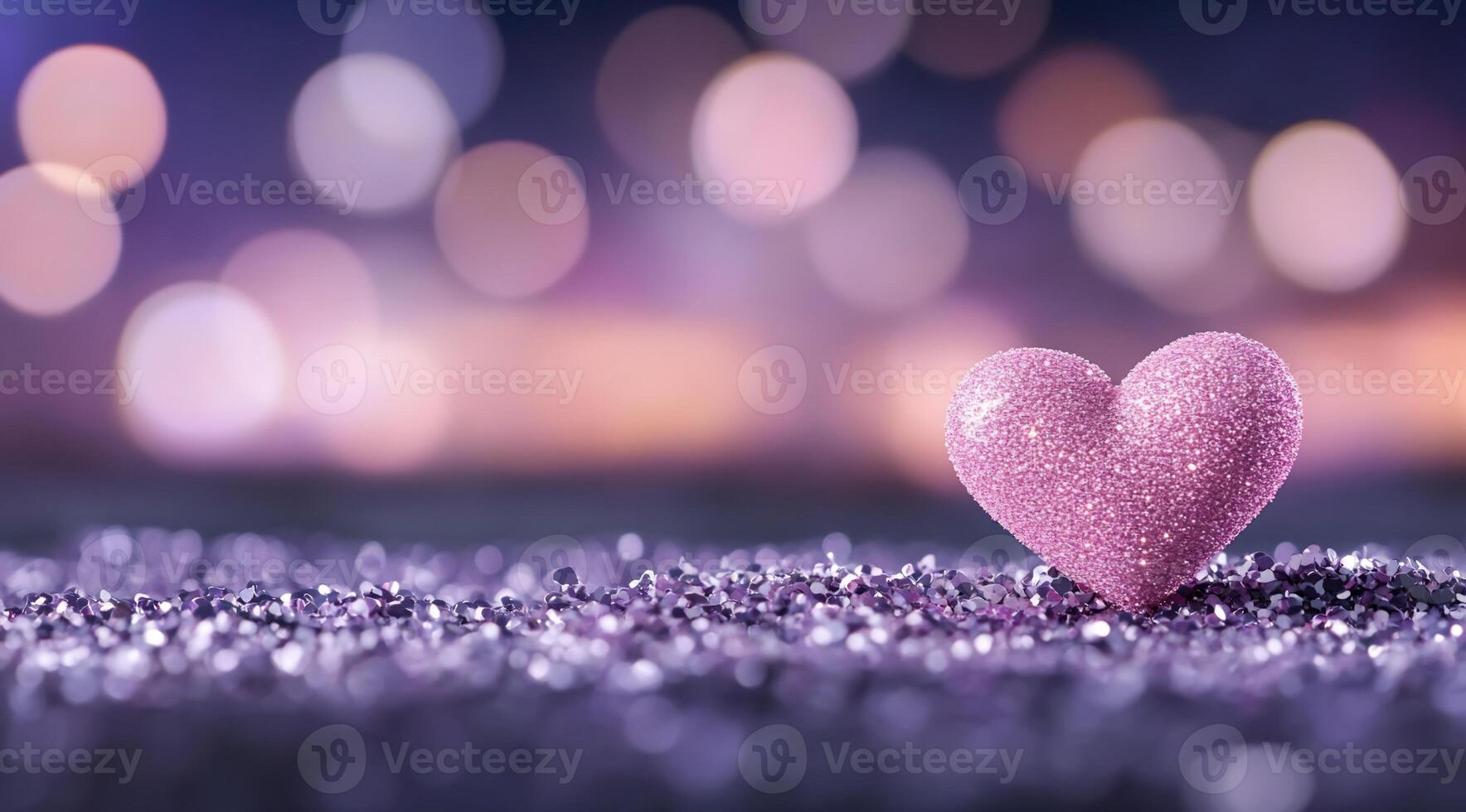 A sparkling pink heart on a glittery surface with a bokeh background. photo
