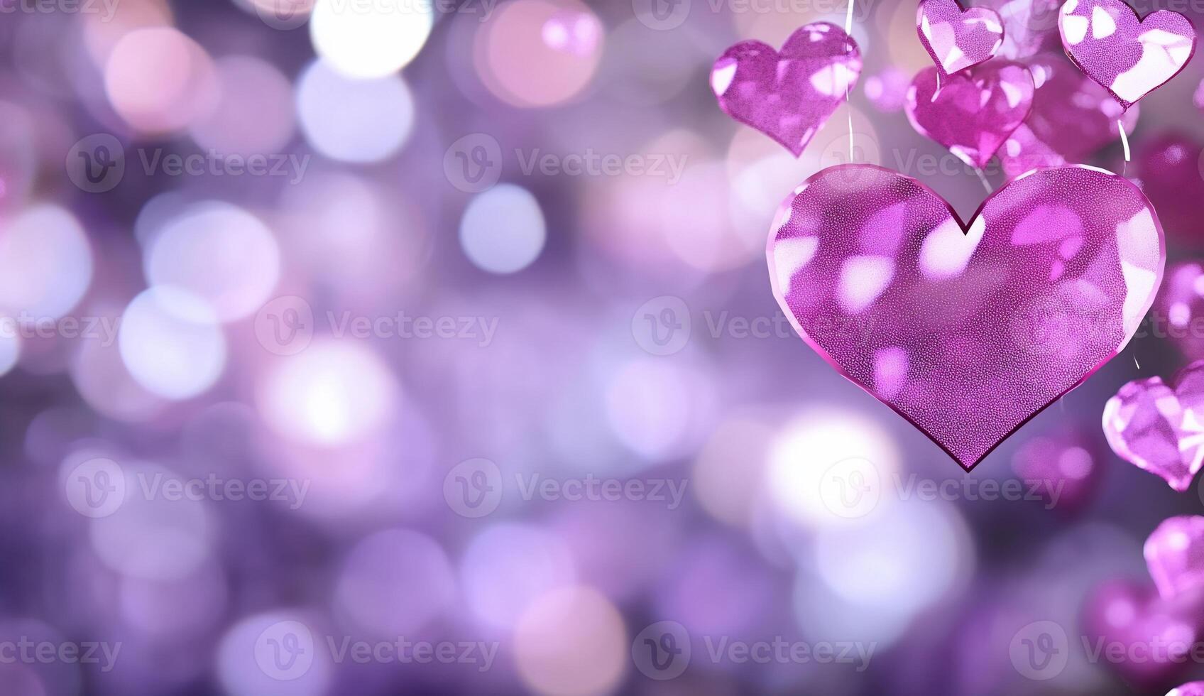 A dreamy background with hanging pink hearts and a bokeh effect. photo