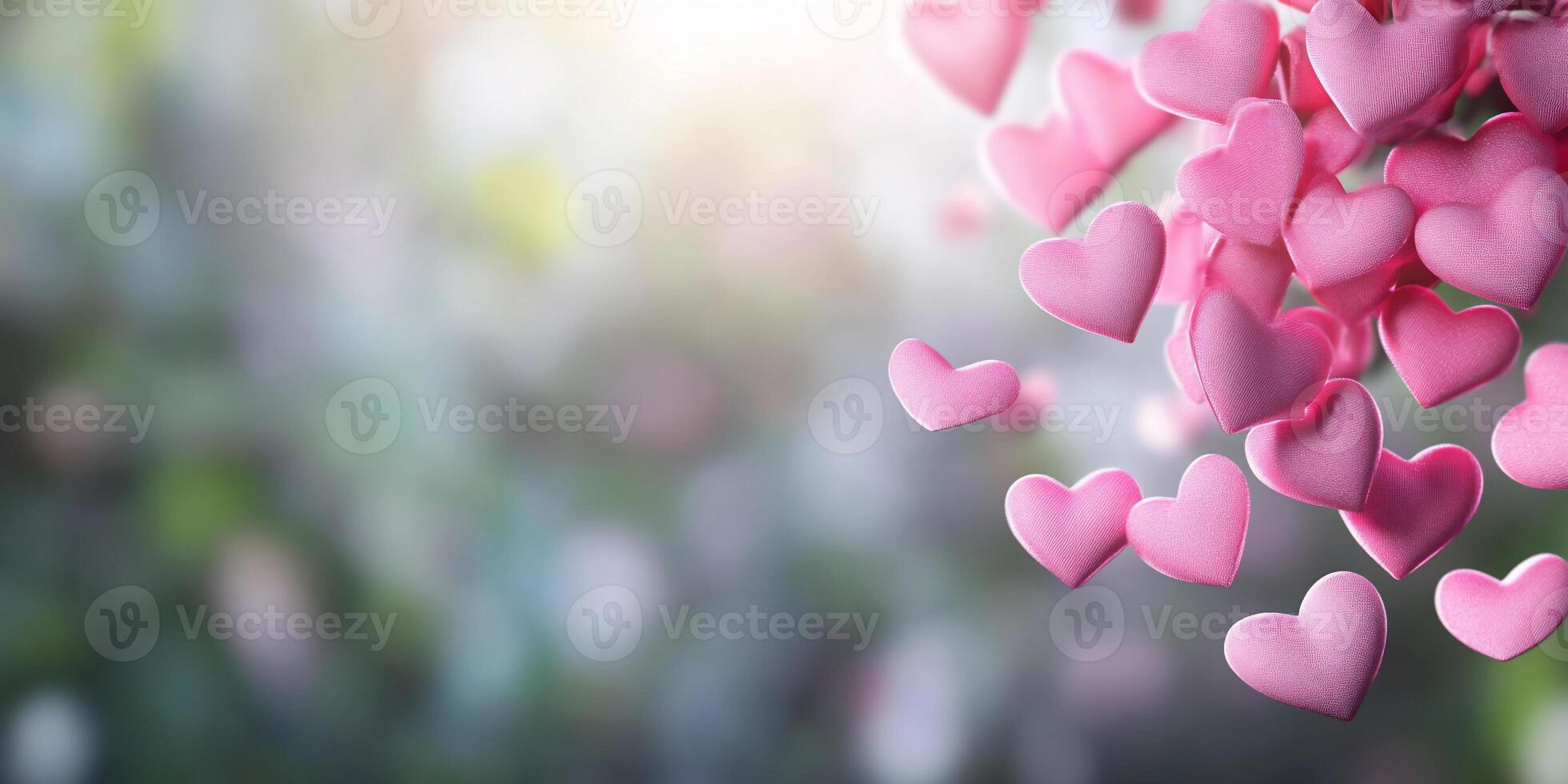 A soft-focus background with floating pink hearts, symbolizing love. photo