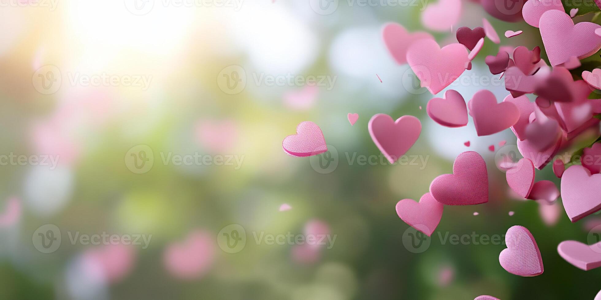 A dreamy scene of pink hearts floating in a soft, blurred background. photo