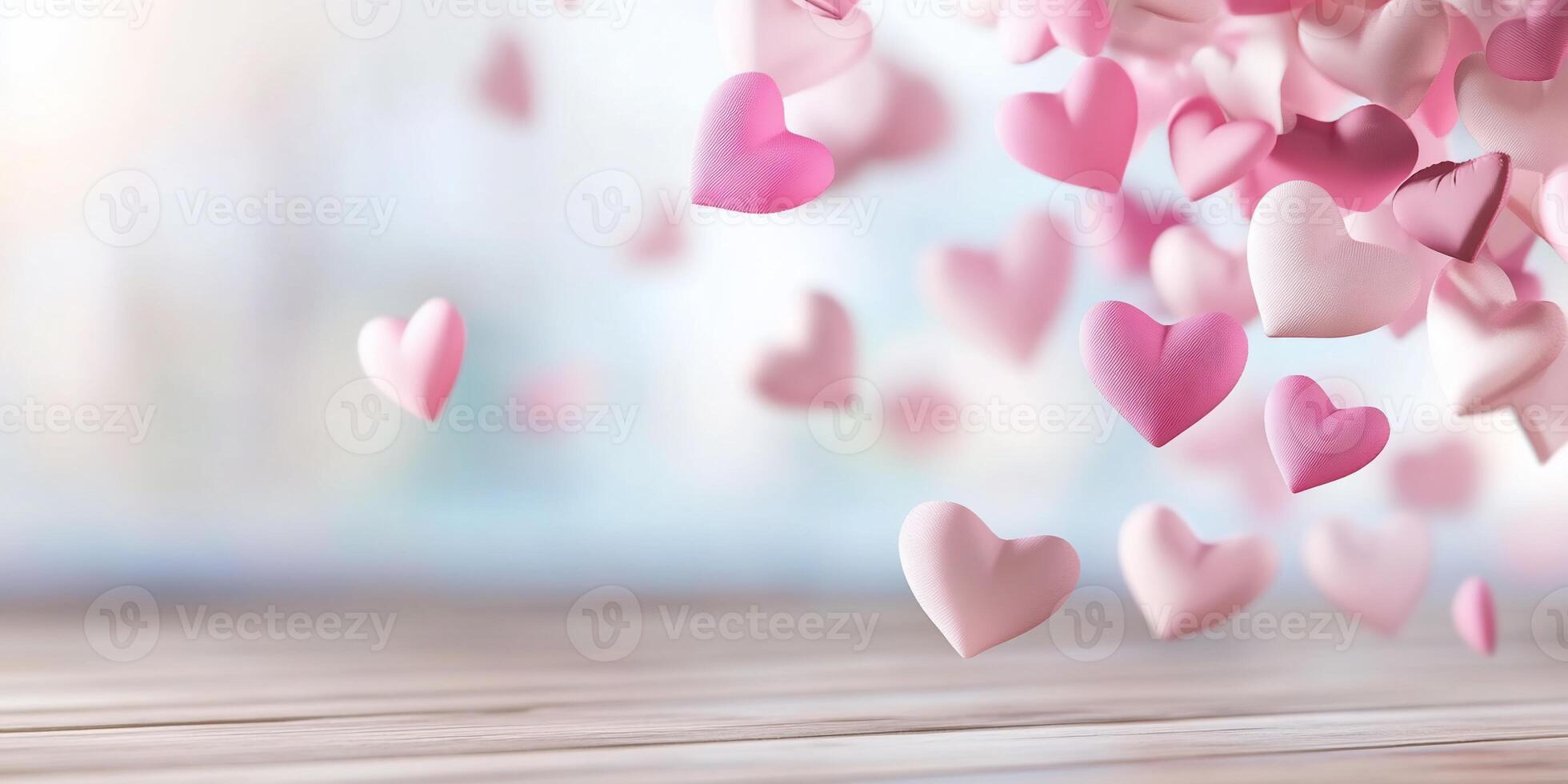 A dreamy scene with floating pink hearts, evoking love and romance. photo