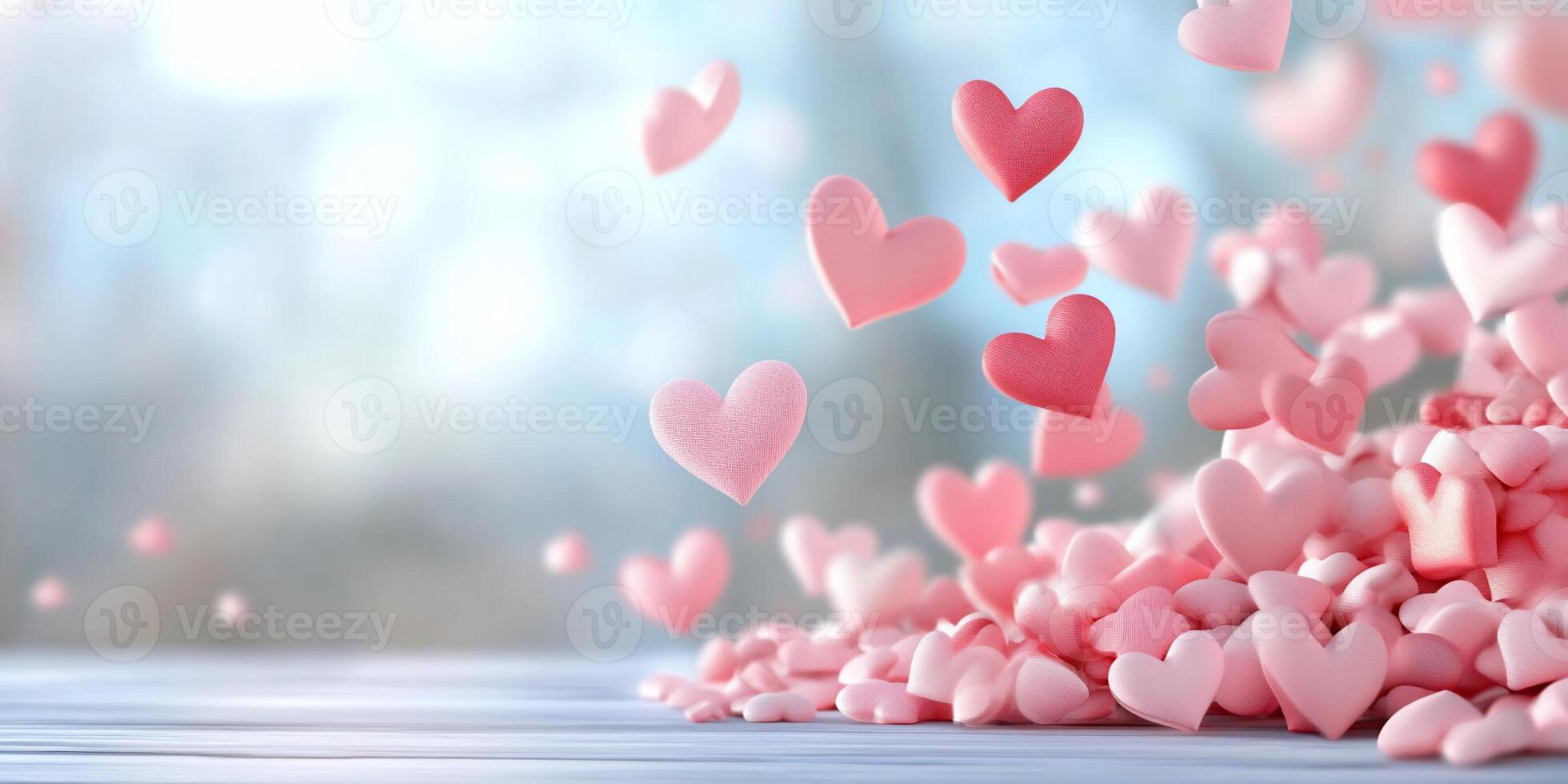 A whimsical scene of floating pink hearts above a pile of heart shapes. photo