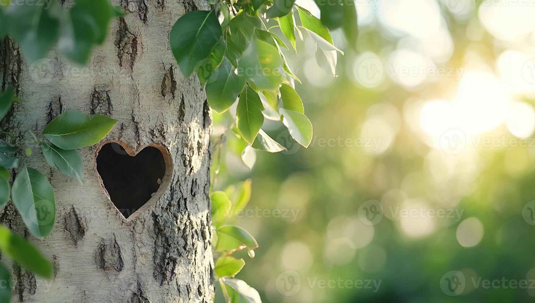 A heart-shaped hollow in a tree trunk surrounded by green leaves. photo