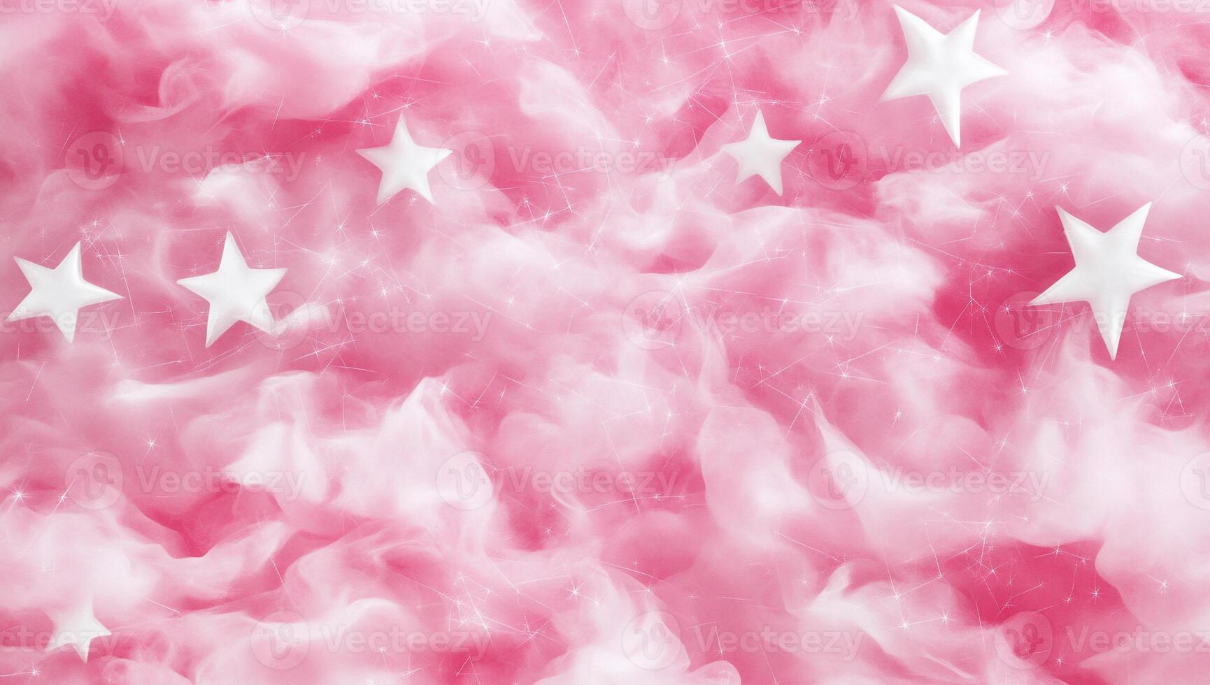 A dreamy pink background with white stars and soft, swirling clouds. photo