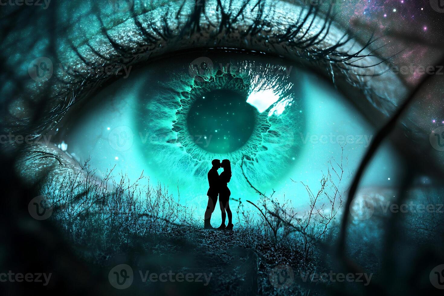 A surreal image of a couple framed within a large, vibrant eye. photo