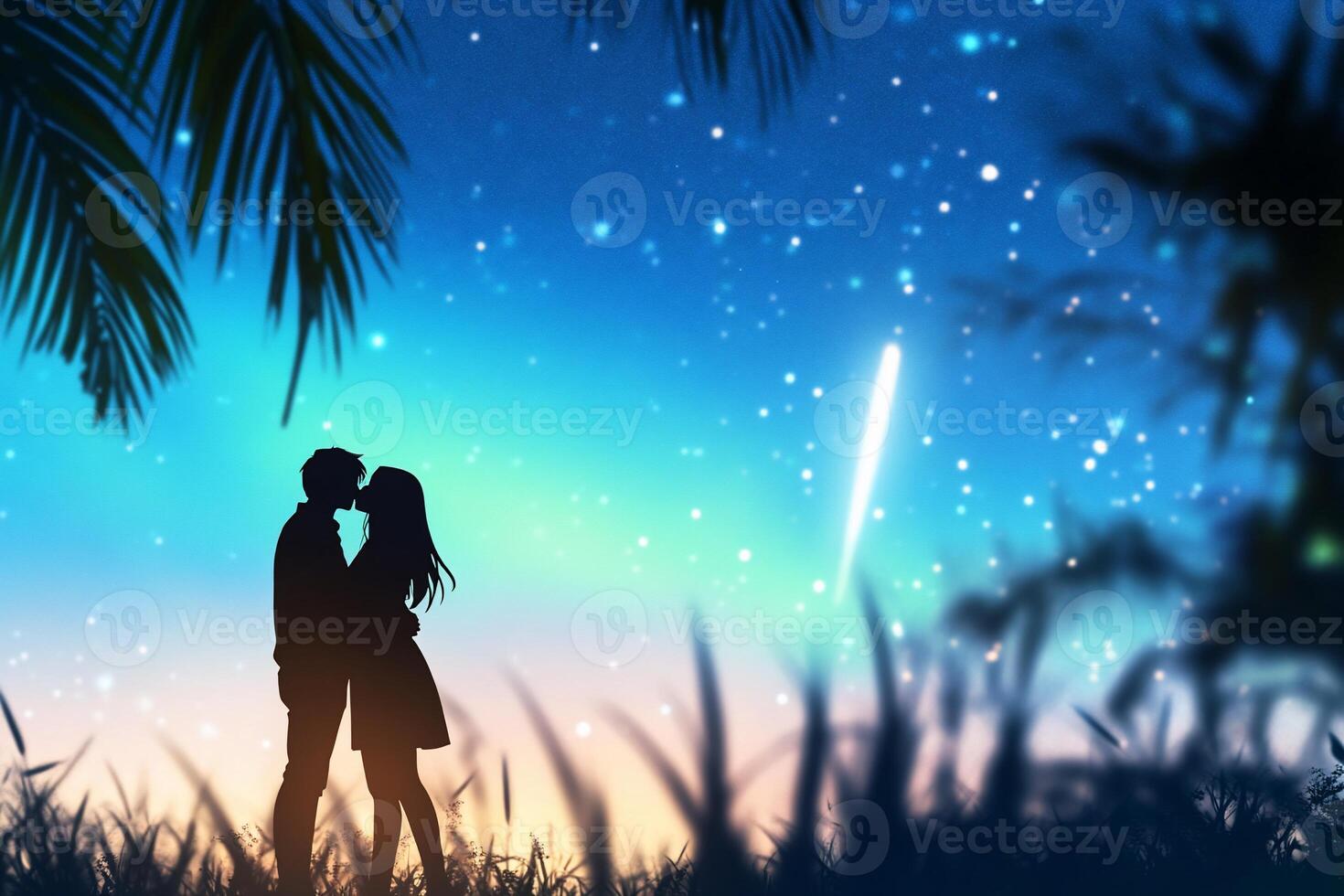 A romantic silhouette of a couple kissing under a starry sky. photo