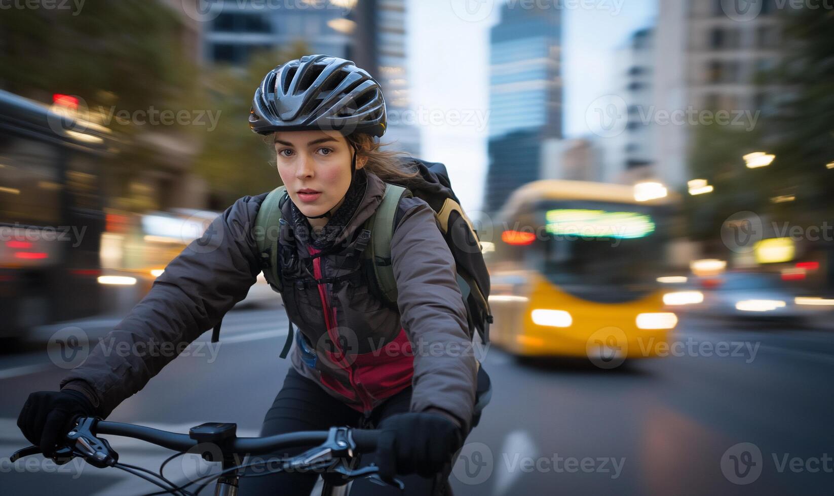 A cyclist navigating a busy urban street with motion blur. photo