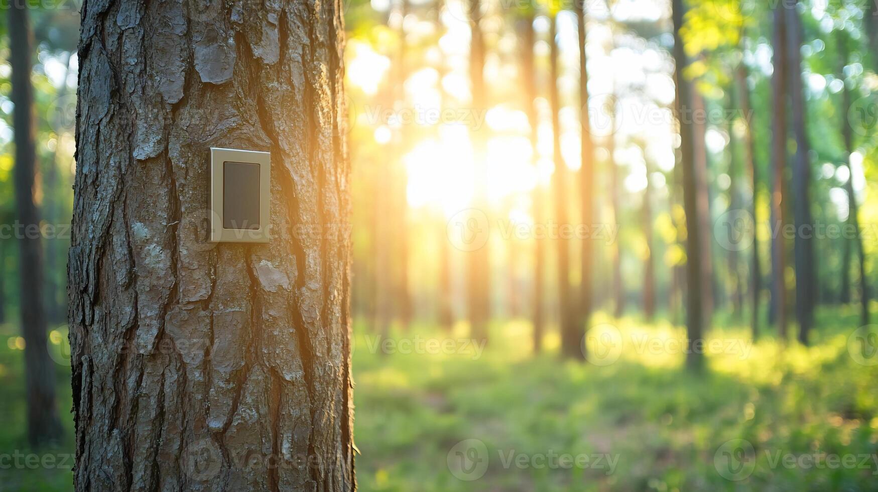 A solar panel affixed to a tree in a sunlit forest setting. photo