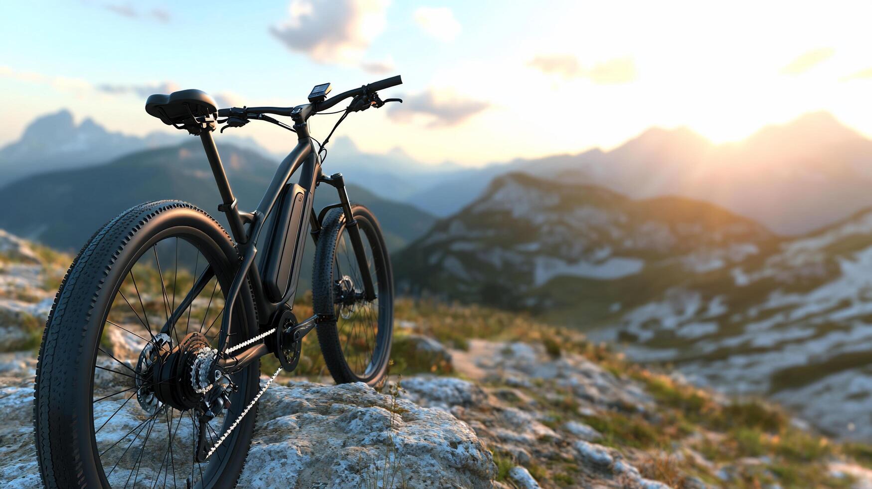 A bicycle rests on a rocky terrain with mountains at sunset. photo